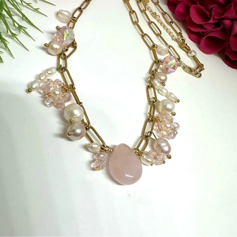 NEW⚜️Rose Quartz Freshwater Pearl & Crystal Flower Charm Necklace